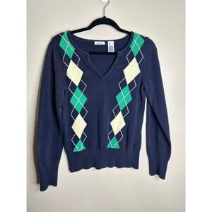 Liz & Co. Navy Blue Arglye Print V neck Sweater Size L Large Preppy, Classic